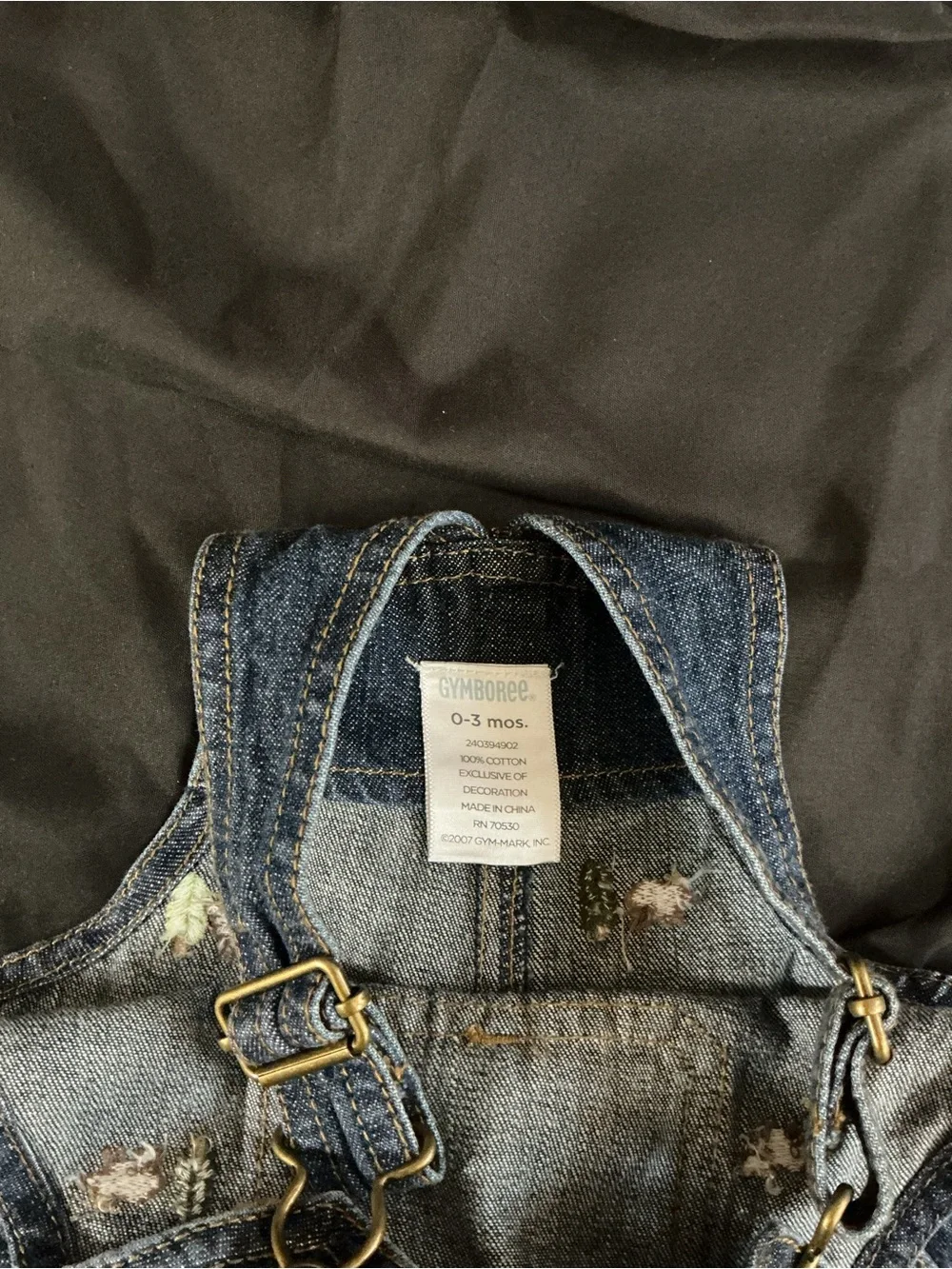 Children's Dark Blue Denim Short Overalls with Forest Embroidery
